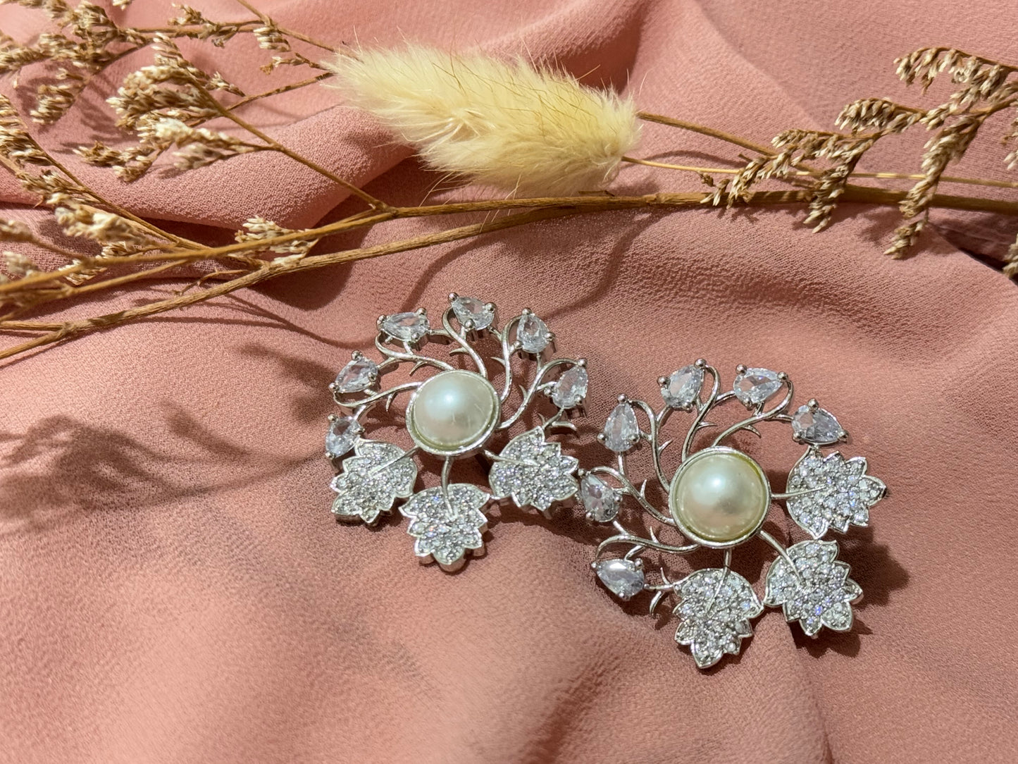 Pearl American Diamond Floral Studs