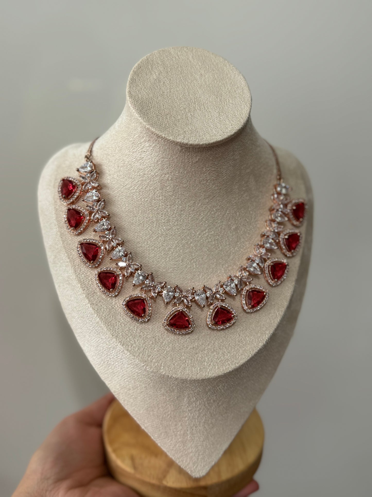 Rose Gold Plated American Diamond Jewelry Set with Red, Green, & Emerald Cubic Zirconia | Traditional South Asian Accessories