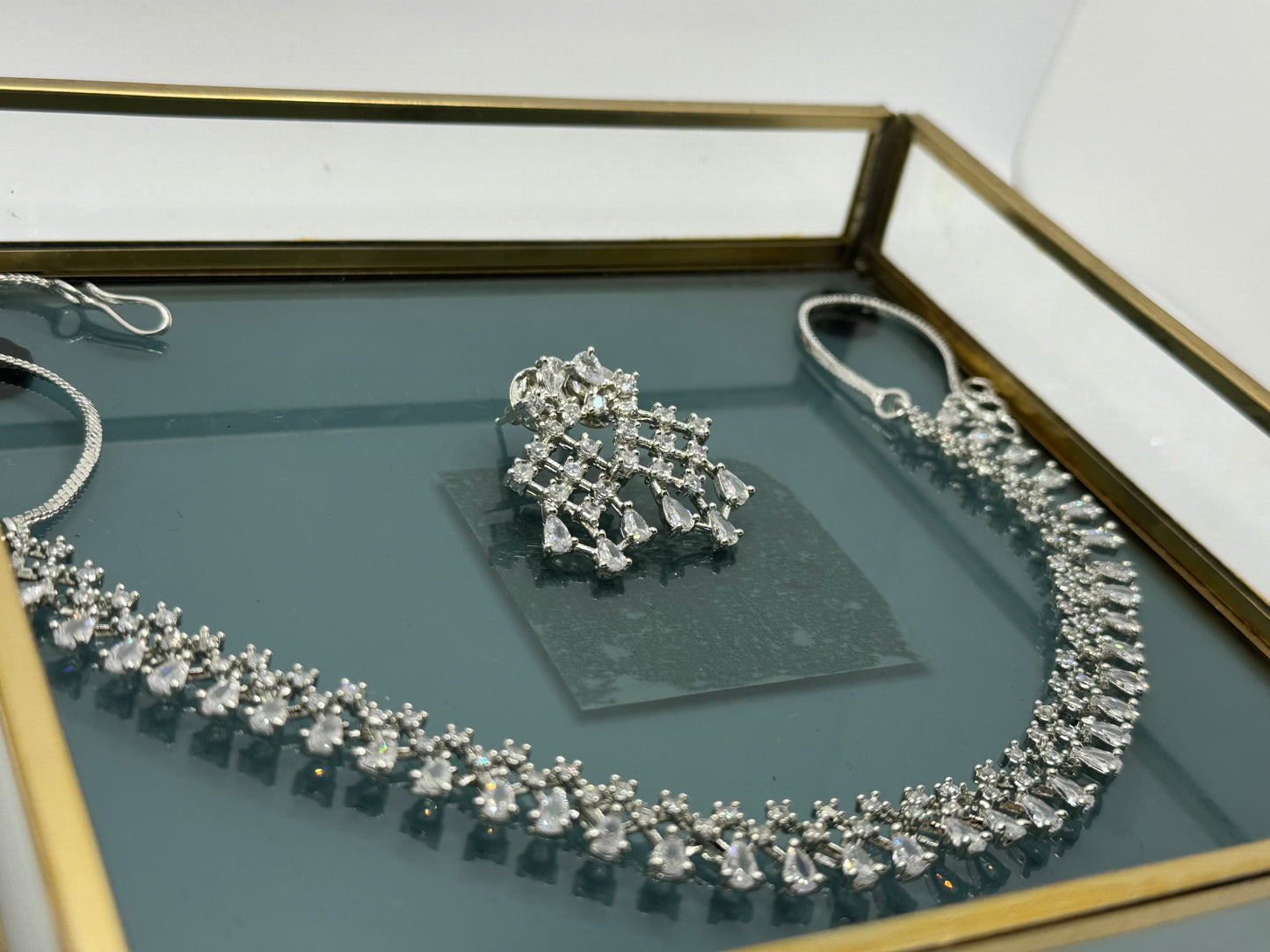 American Diamond Necklace Set in Silver with Cubic Zirconia | Fusion Style Elegant Jewelry for All Occasions
