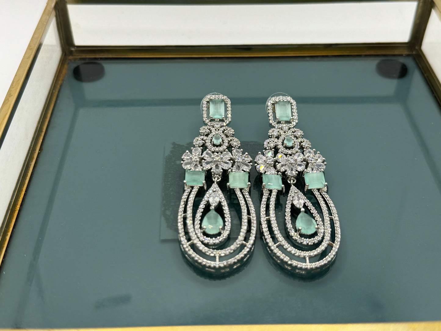 American Diamond Earrings with Mint Stones