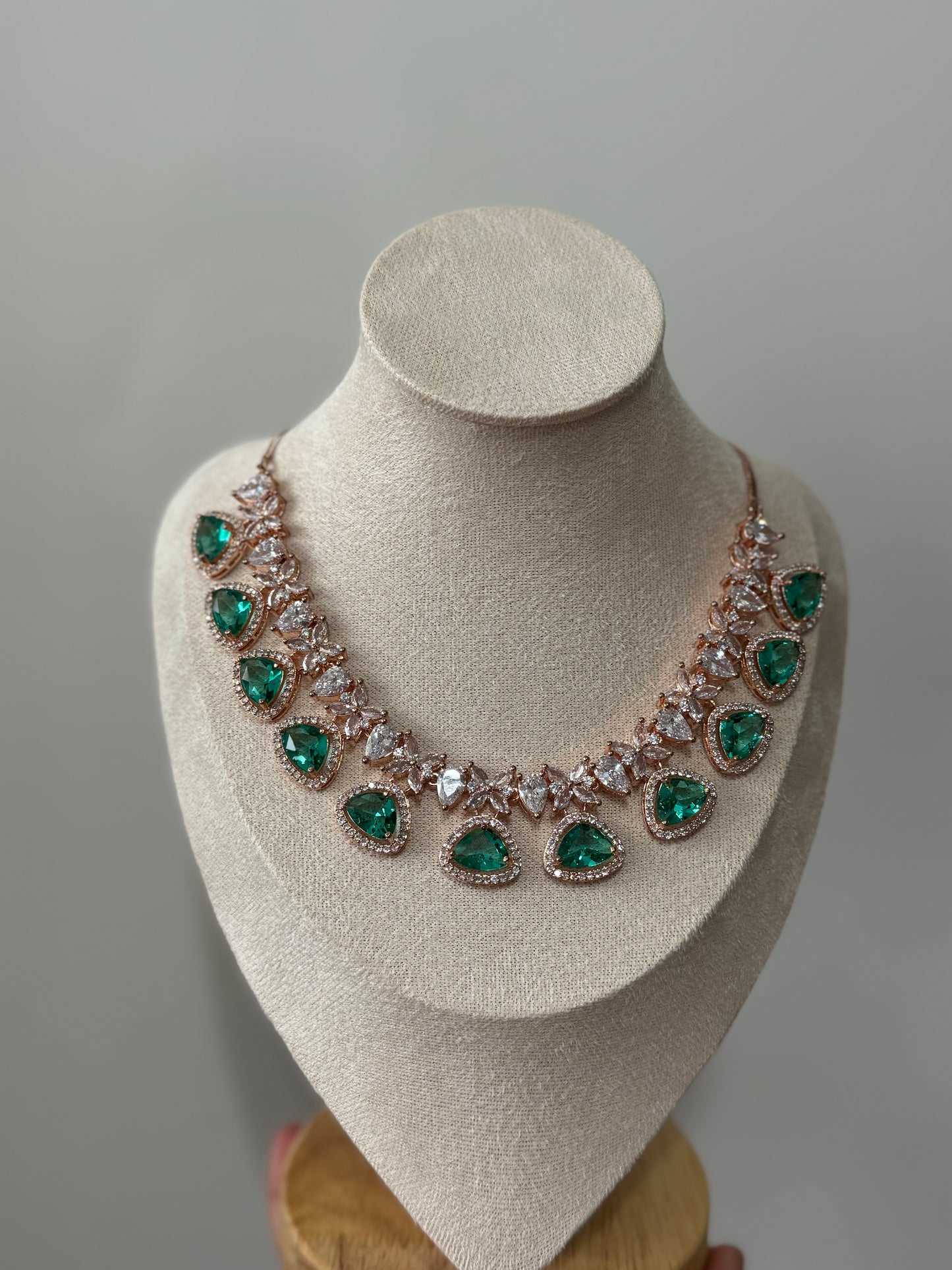 Rose Gold Plated American Diamond Jewelry Set with Red, Green, & Emerald Cubic Zirconia | Traditional South Asian Accessories