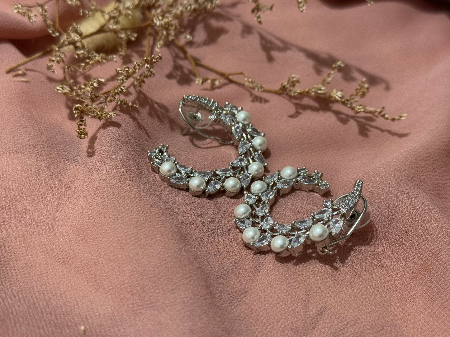 American Diamond Pearl Chandbaali Style Earrings