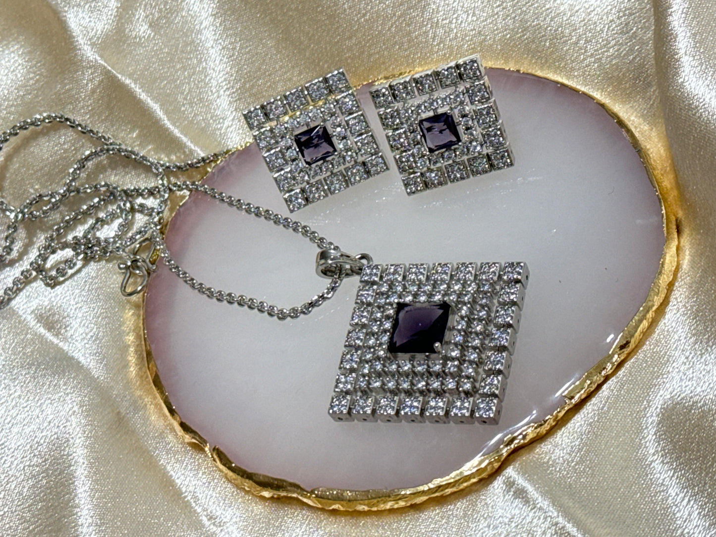 American Diamond Pendant Set with Purple Stones and complimentary chain