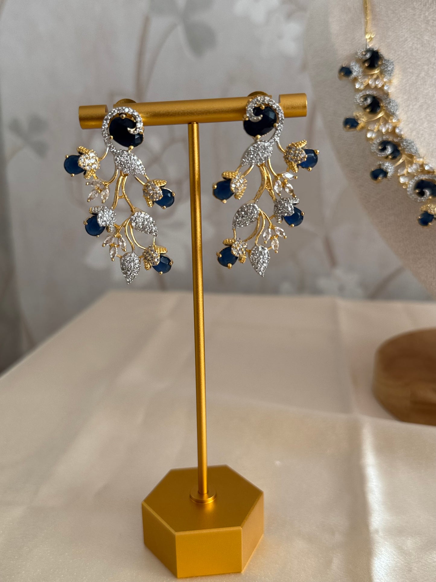 Elegant South Asian Necklace Set in Blue and Green with Cubic Zirconia | Traditional Ethnic Jewelry