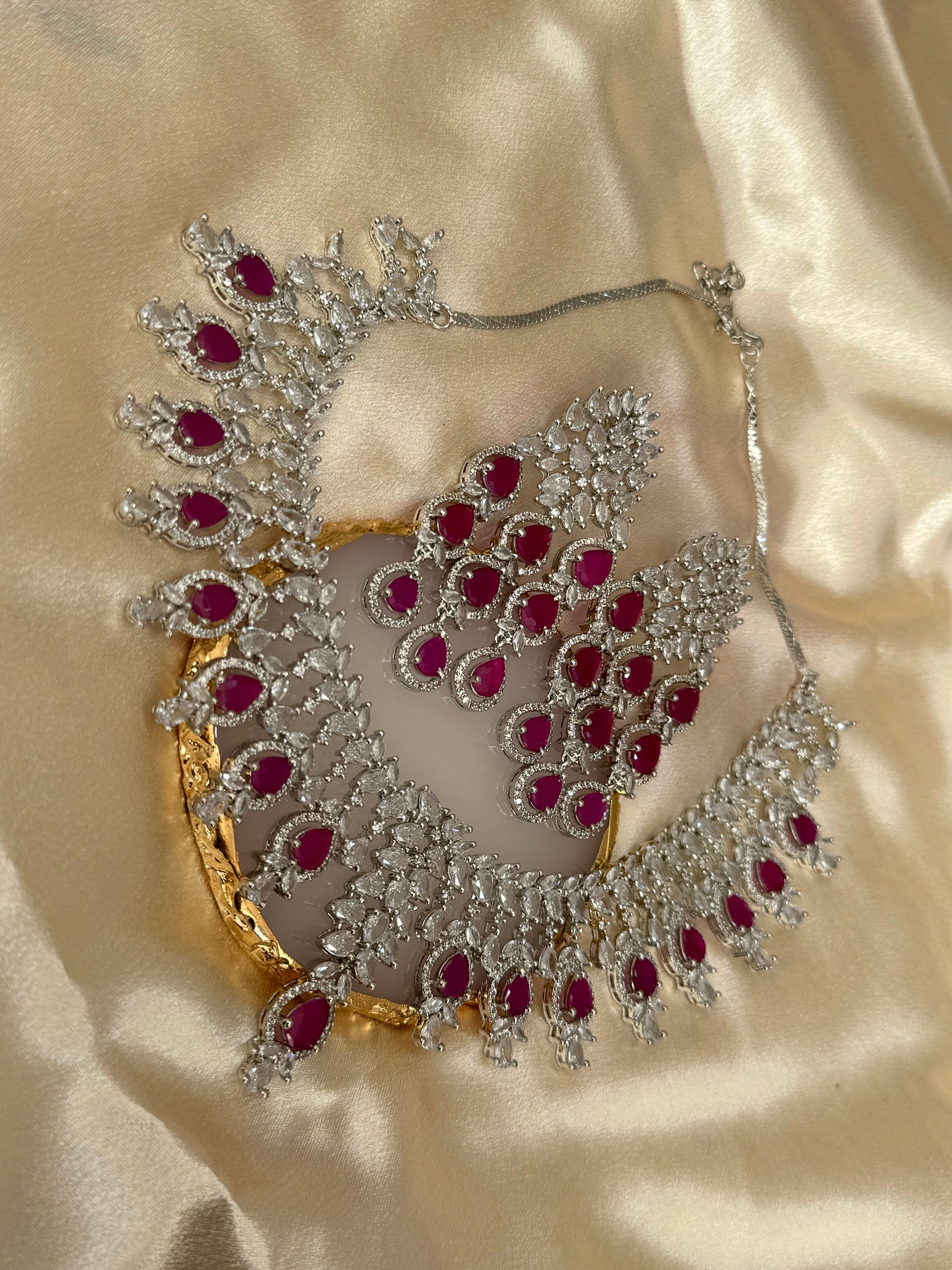 Elegant Traditional Party Wear Necklace Set with American Diamonds, Ruby & Silver Accents | South Asian Ethnic Jewelry