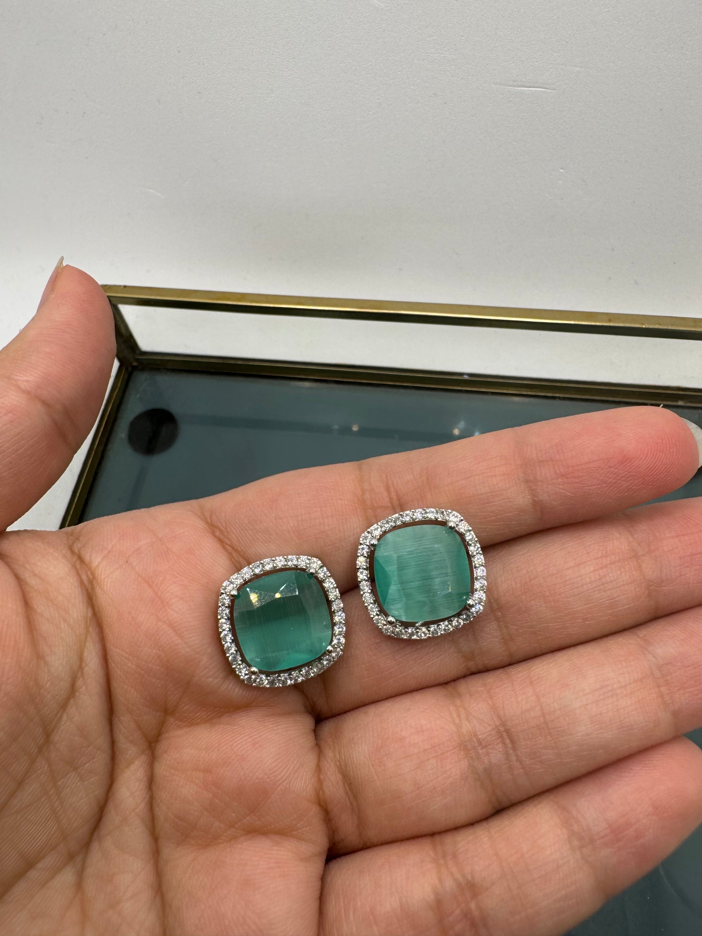 Emerald/ Pink/ Mint Square American Diamond Studs