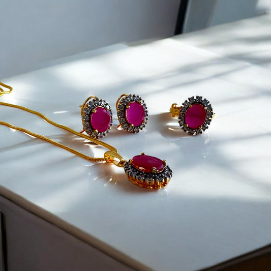 Stunning Ruby 24K Gold Plated A+++ Cubic Zirconia Pendant Set with Ring – Elegant Jewelry Gift for Her