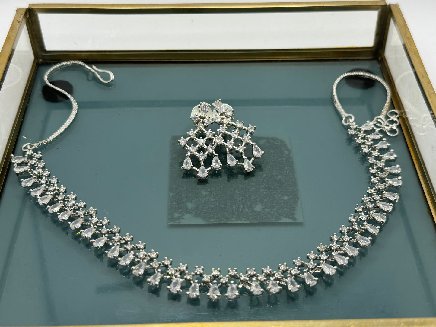American Diamond Necklace Set in Silver with Cubic Zirconia | Fusion Style Elegant Jewelry for All Occasions