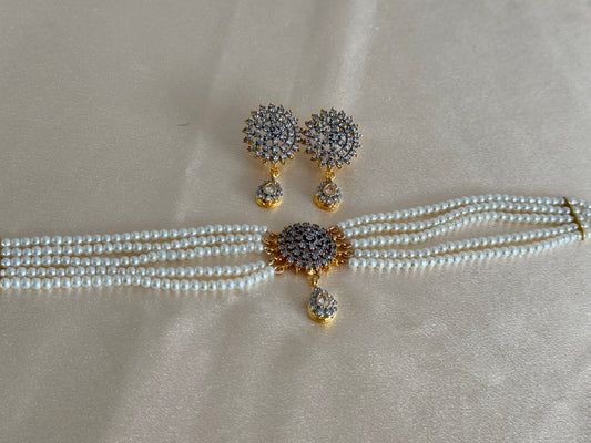 Soraj cut 24k gold plated Cubic zirconia choker set with pearls