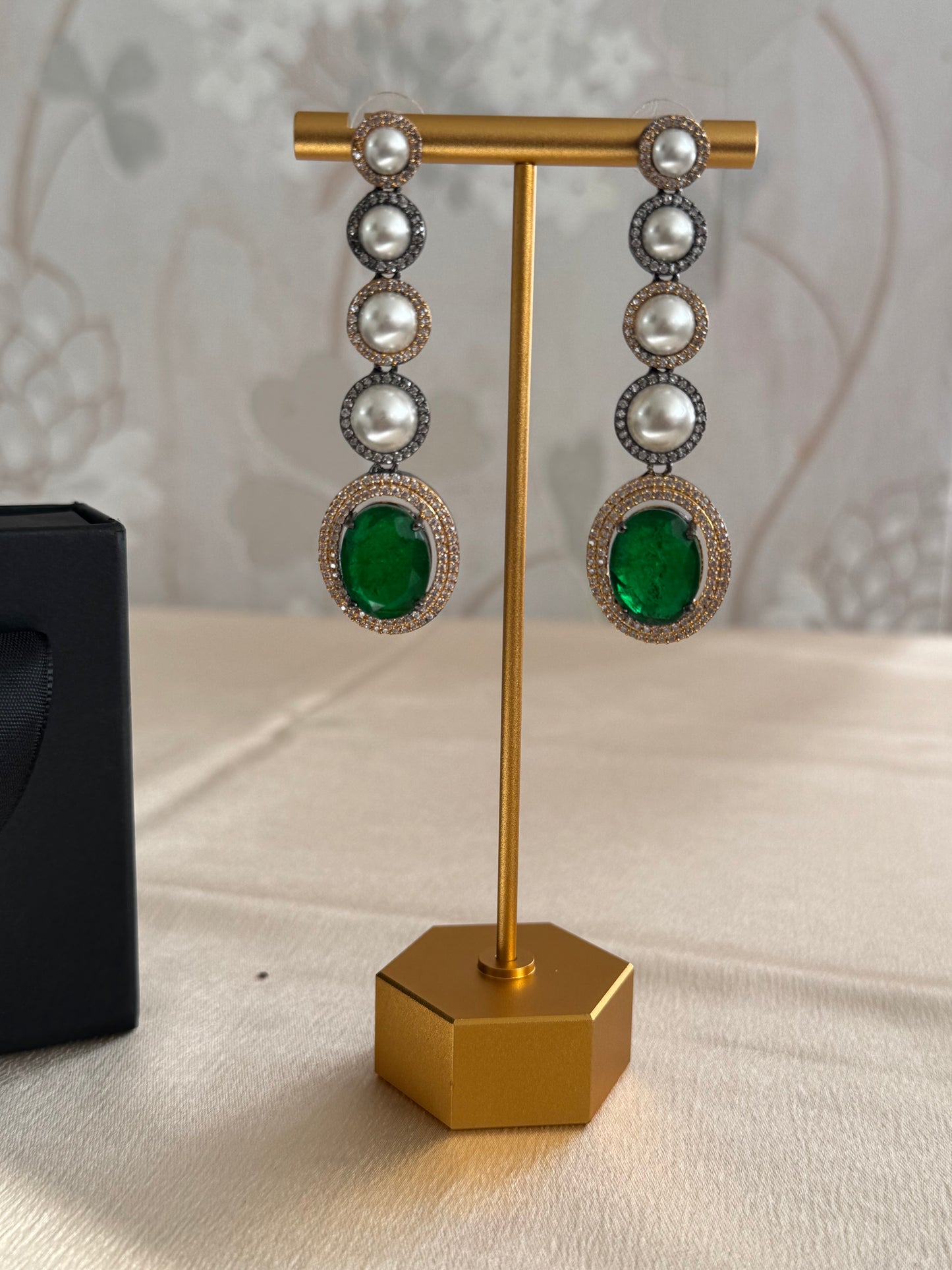 American Diamond and Pearl Earrings in Green