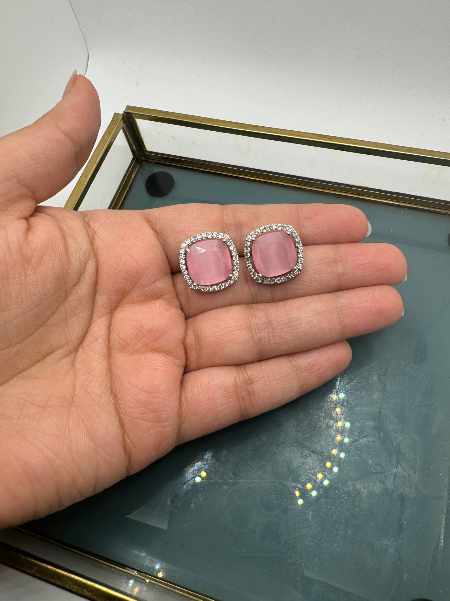 Emerald/ Pink/ Mint Square American Diamond Studs
