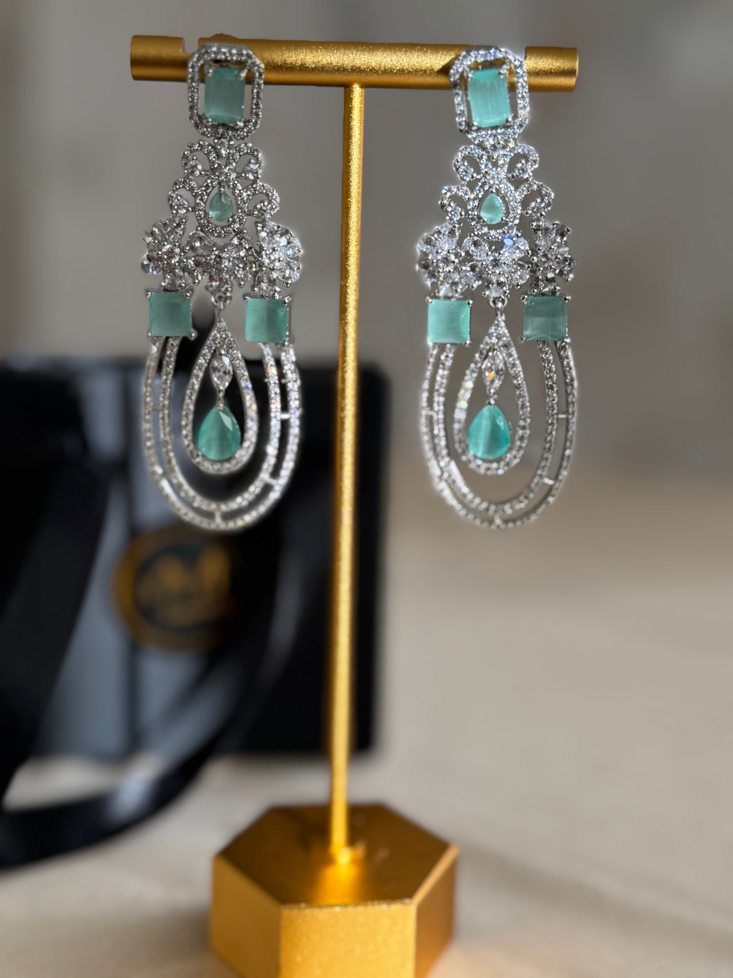 American Diamond Earrings with Mint Stones