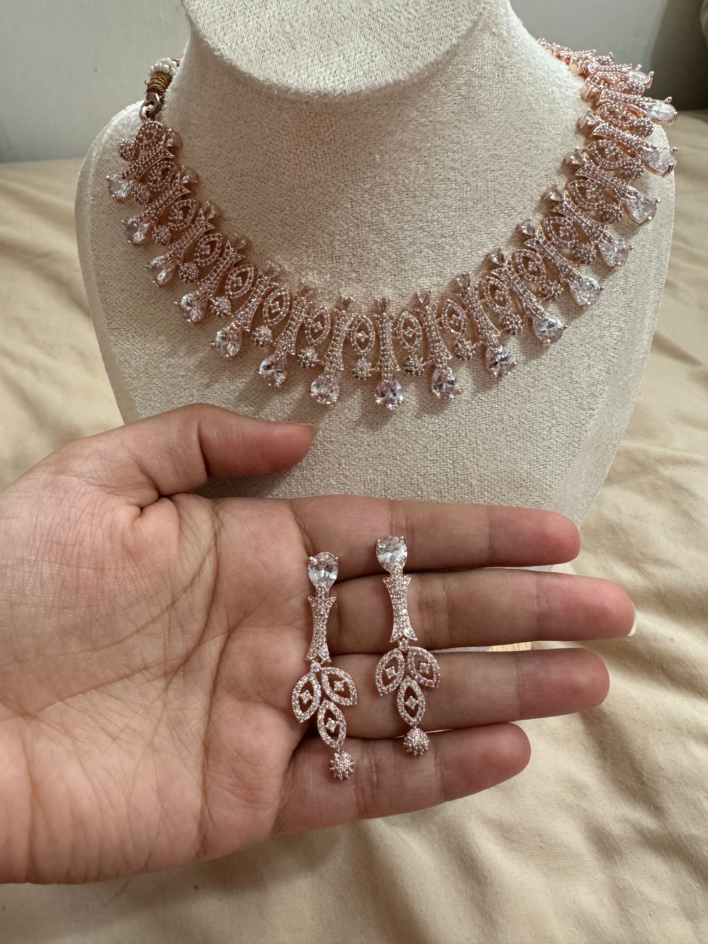 Rose Gold Cubic Zirconia Jewelry Set | Elegant Wedding & Party Wear Accessories for South Asian Brides