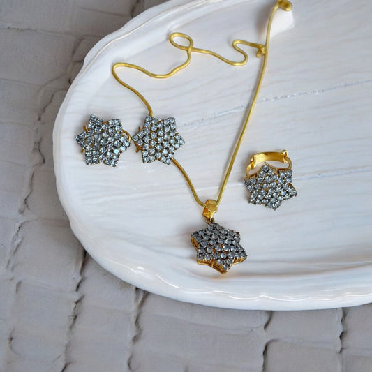 Elegant Star-Shaped 24K Gold Plated A+++ American Diamond Locket Set with Ring – Perfect Gift of Sparkling Luxury