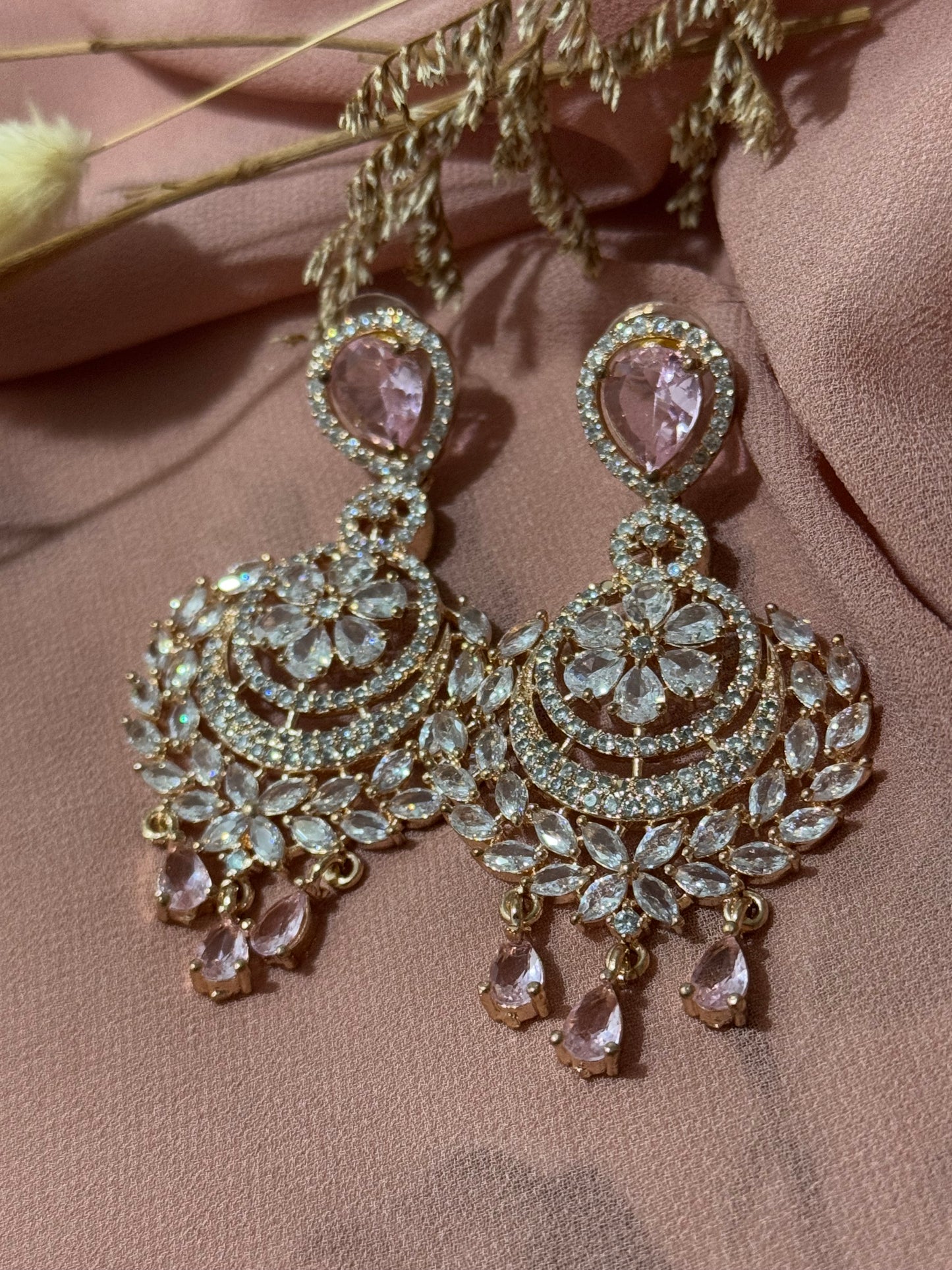 Rose gold polish and pink stones cubic zirconia earrings
