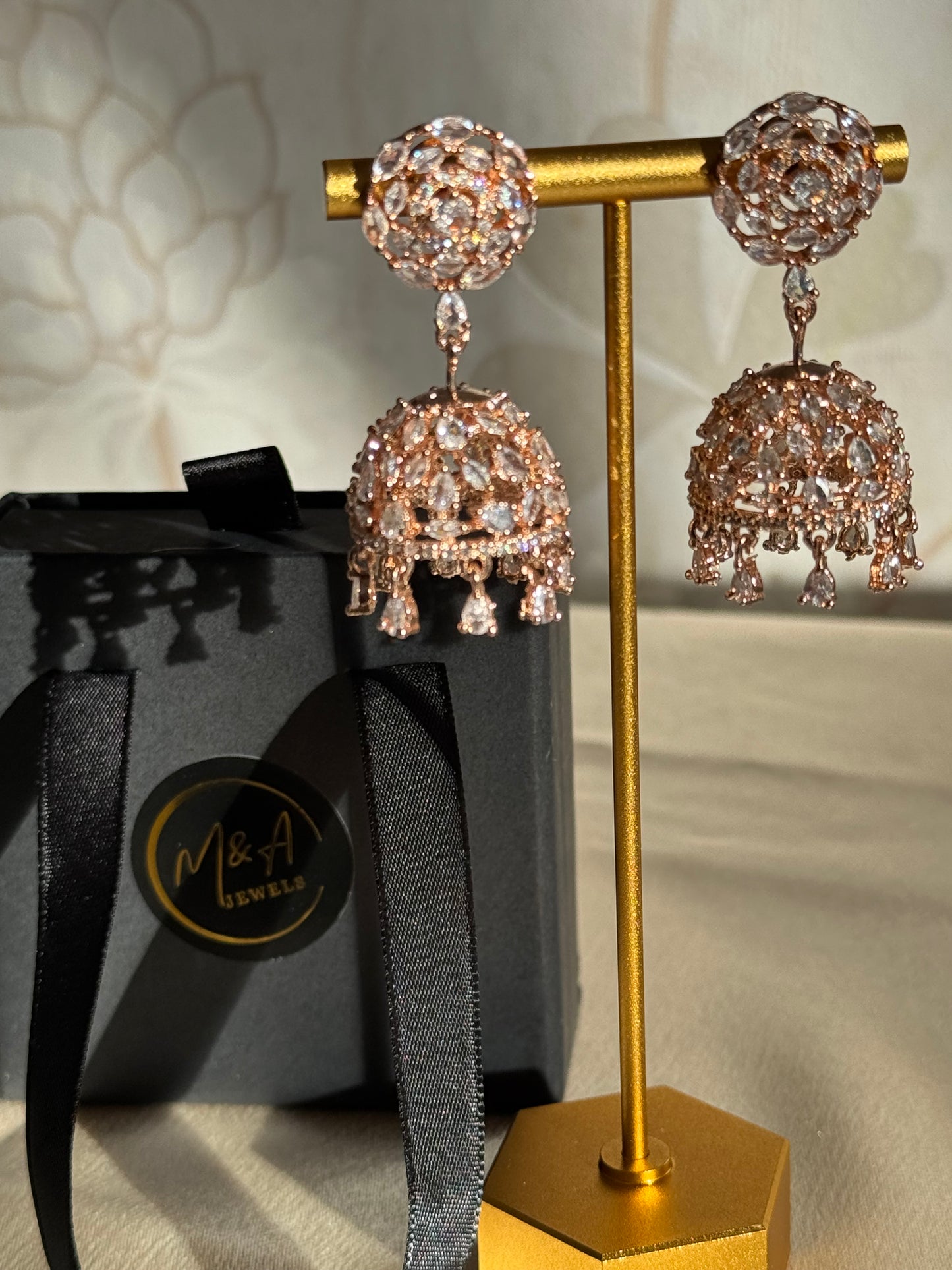 Indian Jhumka with tikka, American Diamond jhumka, gold plated cubic zirconia jhumka with tikka