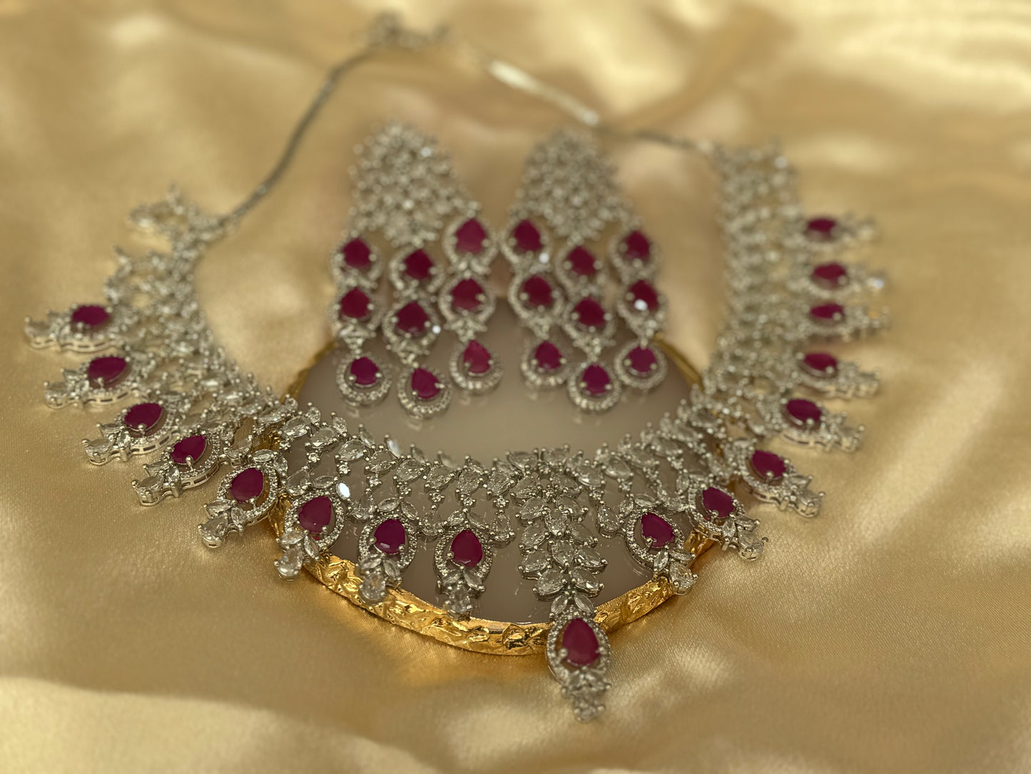 Elegant Traditional Party Wear Necklace Set with American Diamonds, Ruby & Silver Accents | South Asian Ethnic Jewelry