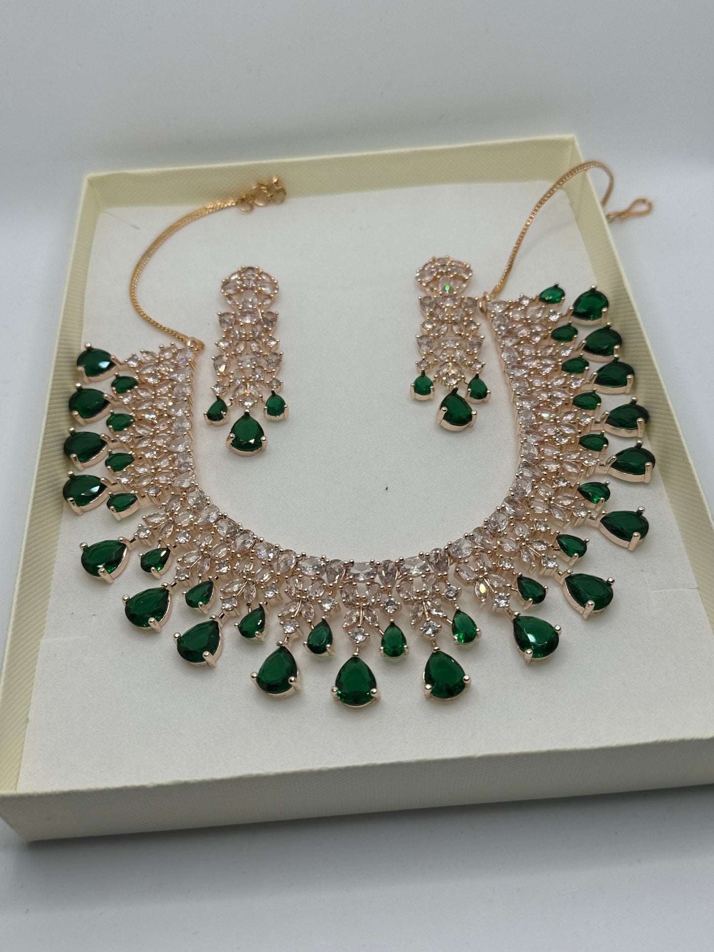 Indian Necklace Set with American Diamonds & Green Stones | Festive Gifting & Elegant Party Wear