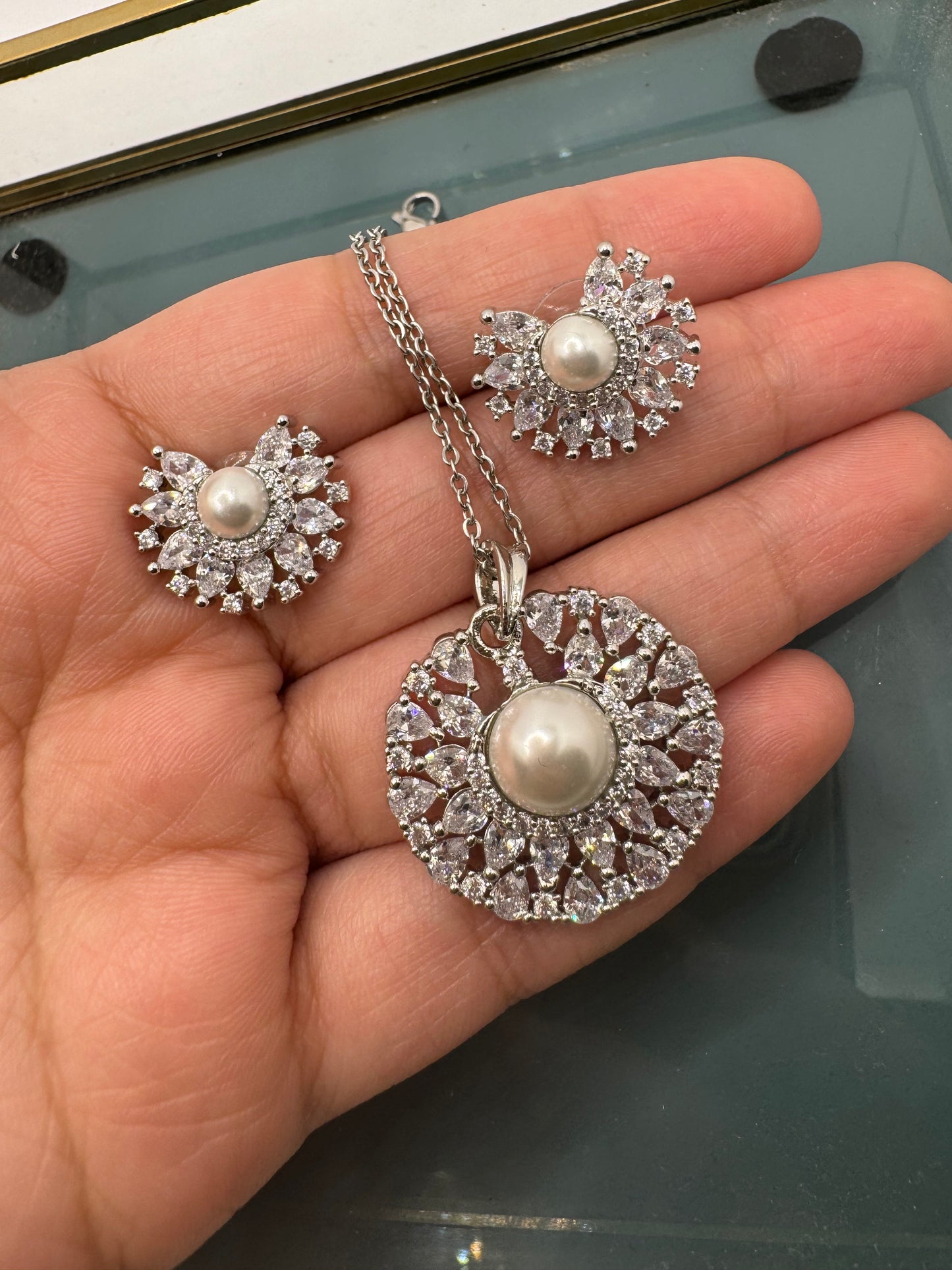 American Diamond Pearl Locket Set with complimentary chain