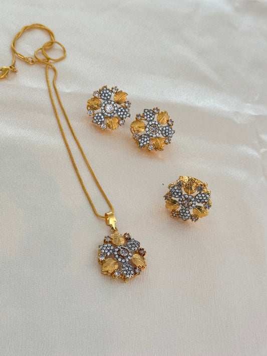 Elegant 24k Gold Plated American Diamond Combo Pendant set | South asian floral best seller design