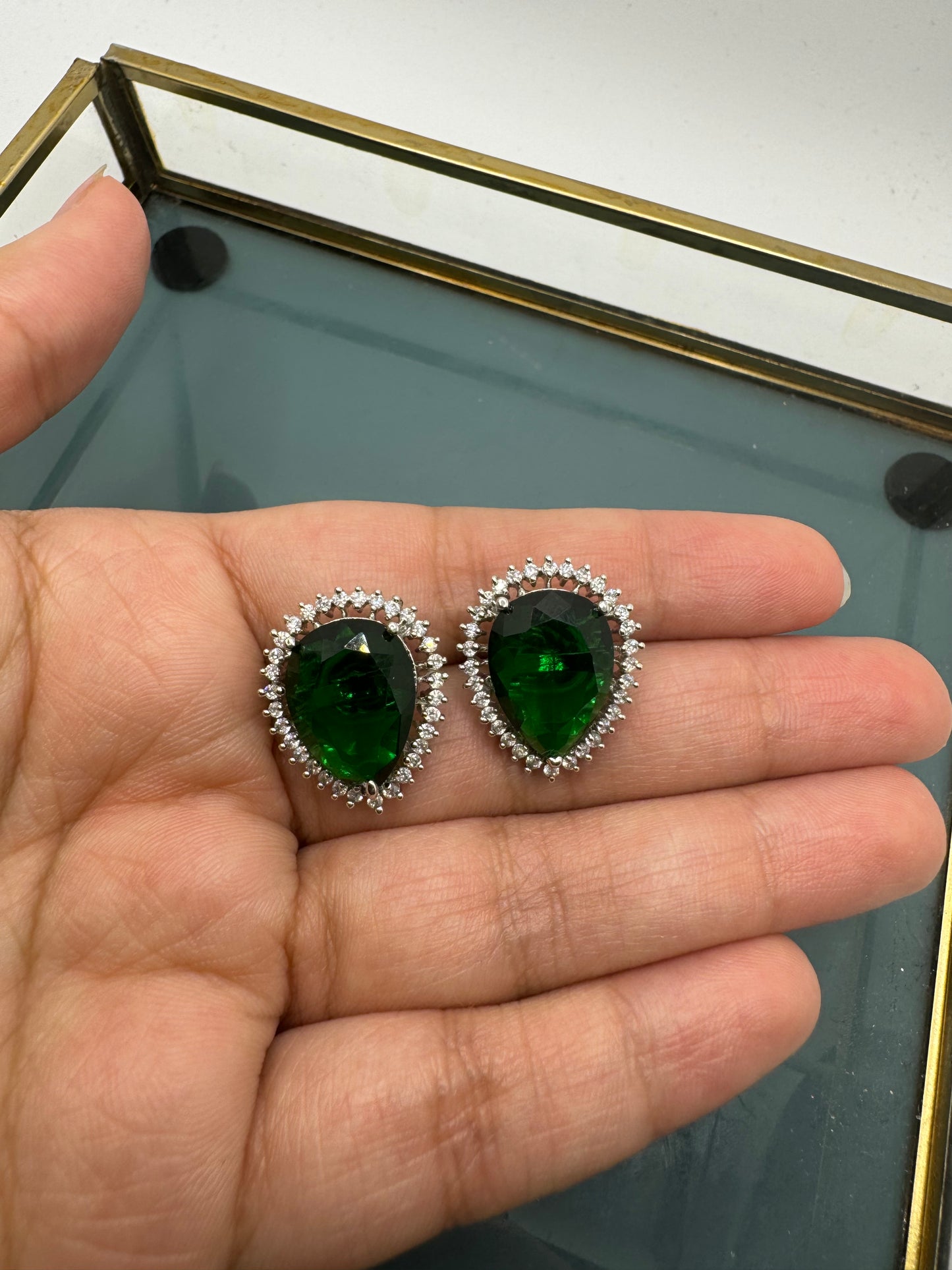 Emerald Green Tear Drop Stud Earrings