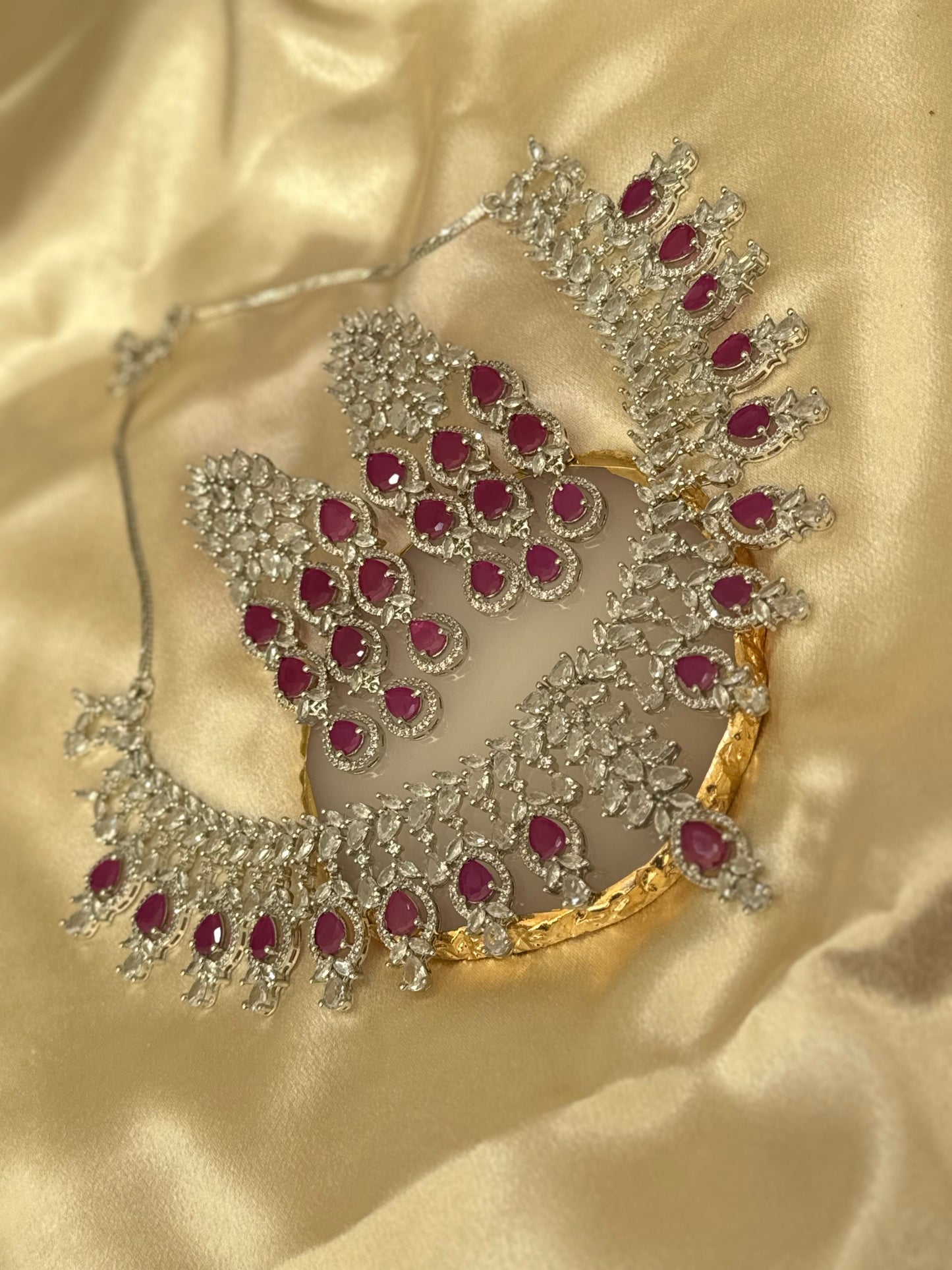 Elegant Traditional Party Wear Necklace Set with American Diamonds, Ruby & Silver Accents | South Asian Ethnic Jewelry