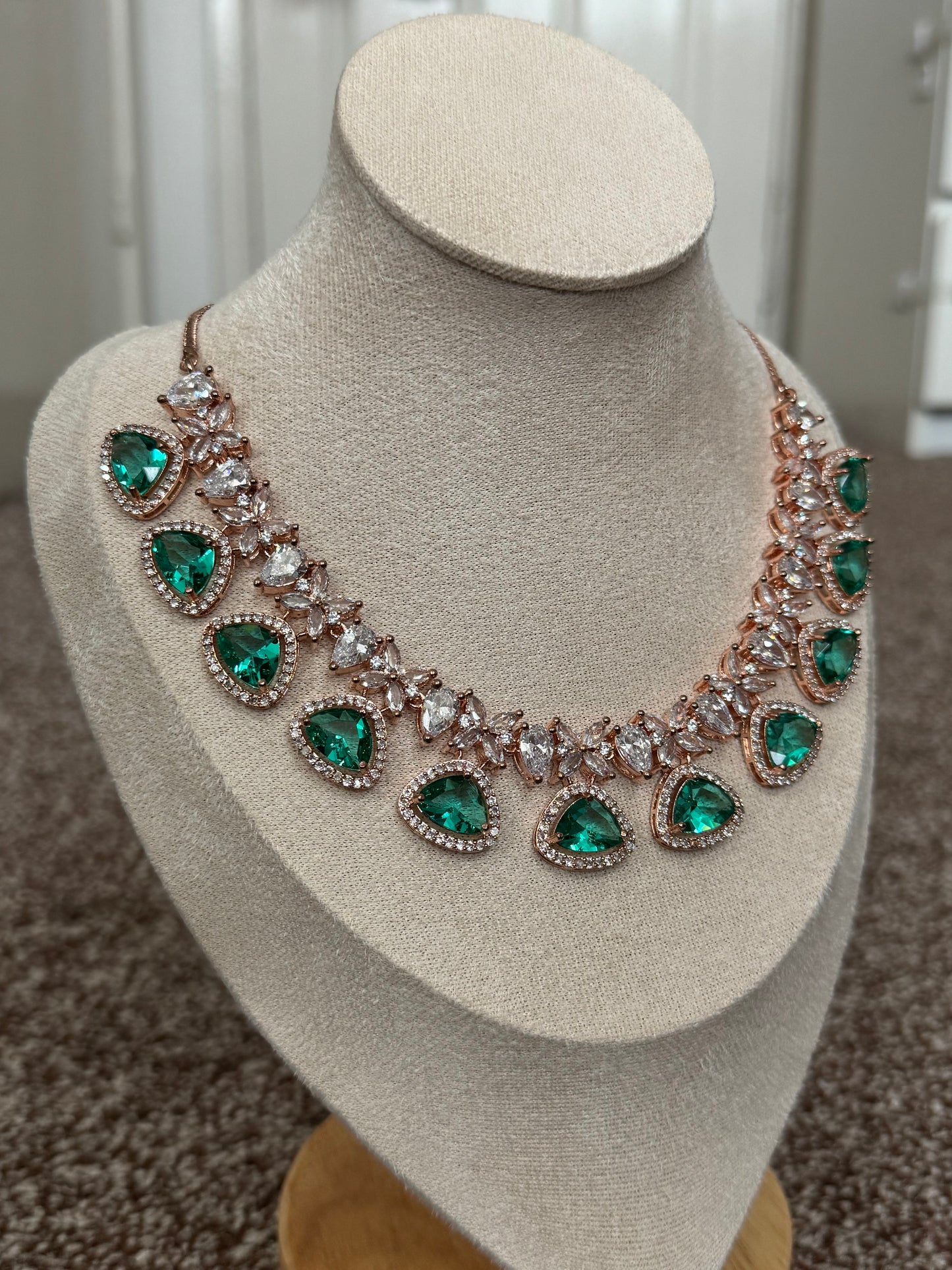 Rose Gold Plated American Diamond Jewelry Set with Red, Green, & Emerald Cubic Zirconia | Traditional South Asian Accessories