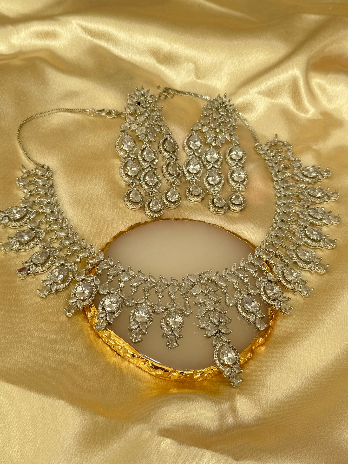 Elegant Traditional Party Wear Necklace Set with American Diamonds, Ruby & Silver Accents | South Asian Ethnic Jewelry