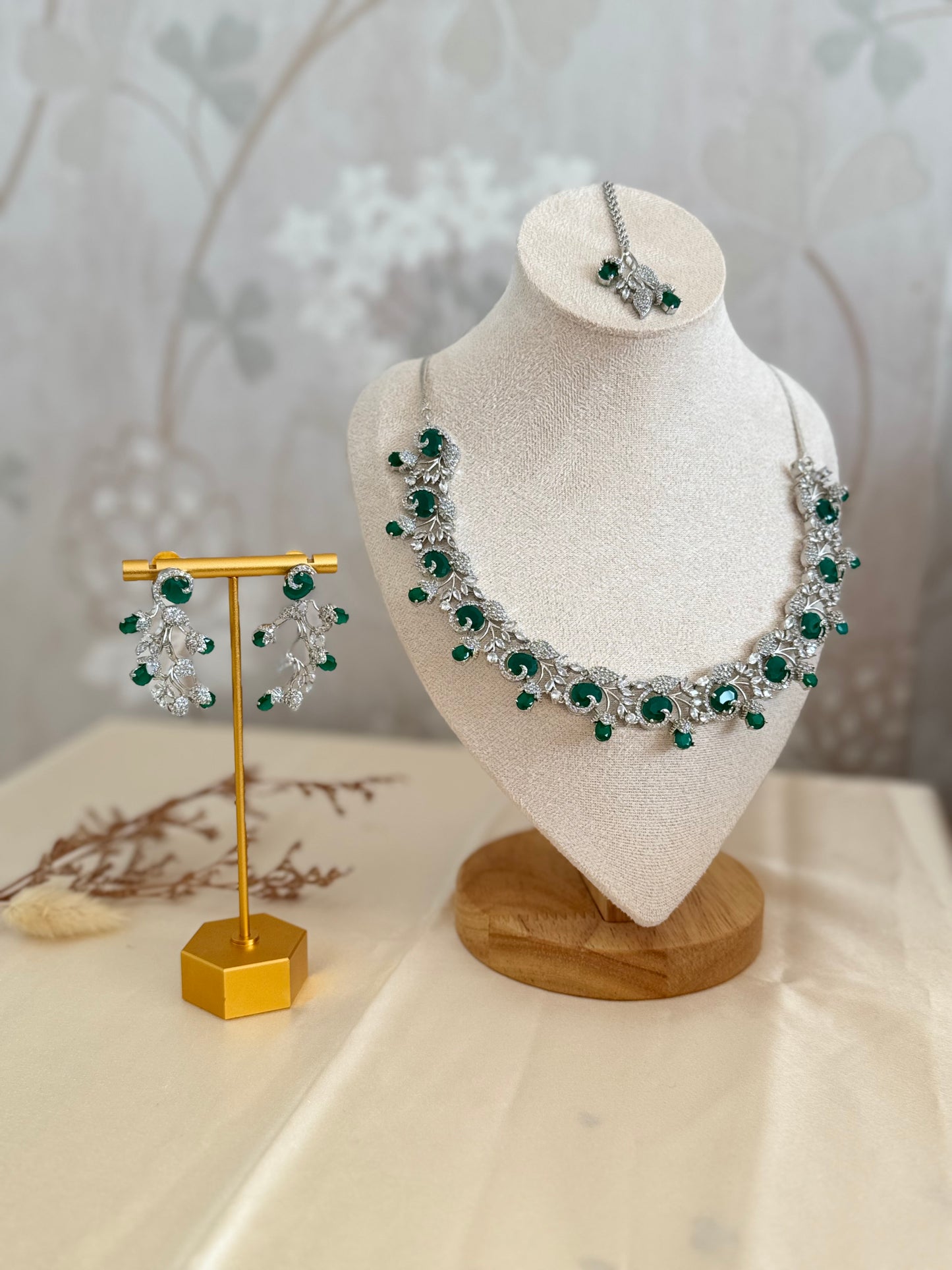 Elegant South Asian Necklace Set in Blue and Green with Cubic Zirconia | Traditional Ethnic Jewelry