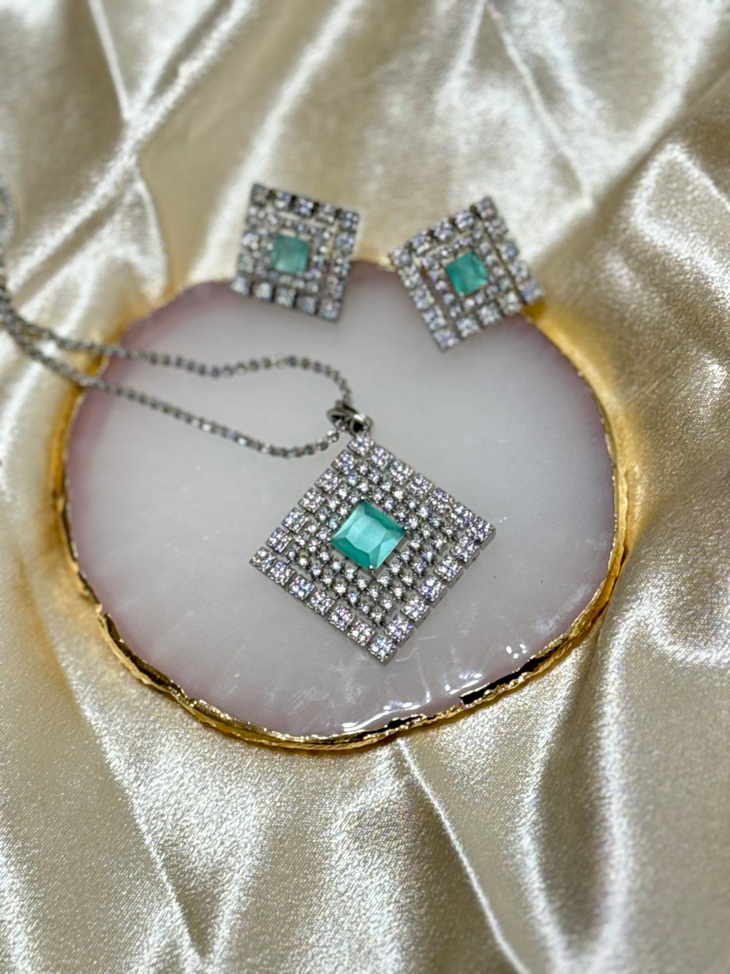 American Diamond Pendant set with mint stones and complimentary chain