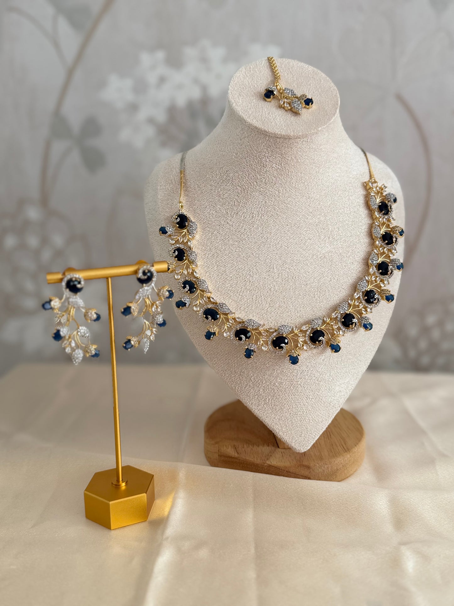 Elegant South Asian Necklace Set in Blue and Green with Cubic Zirconia | Traditional Ethnic Jewelry