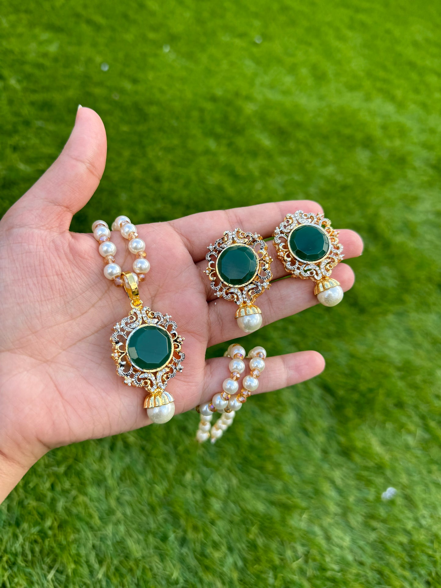 Turkish Maala with earrings, pink/green/black/beige