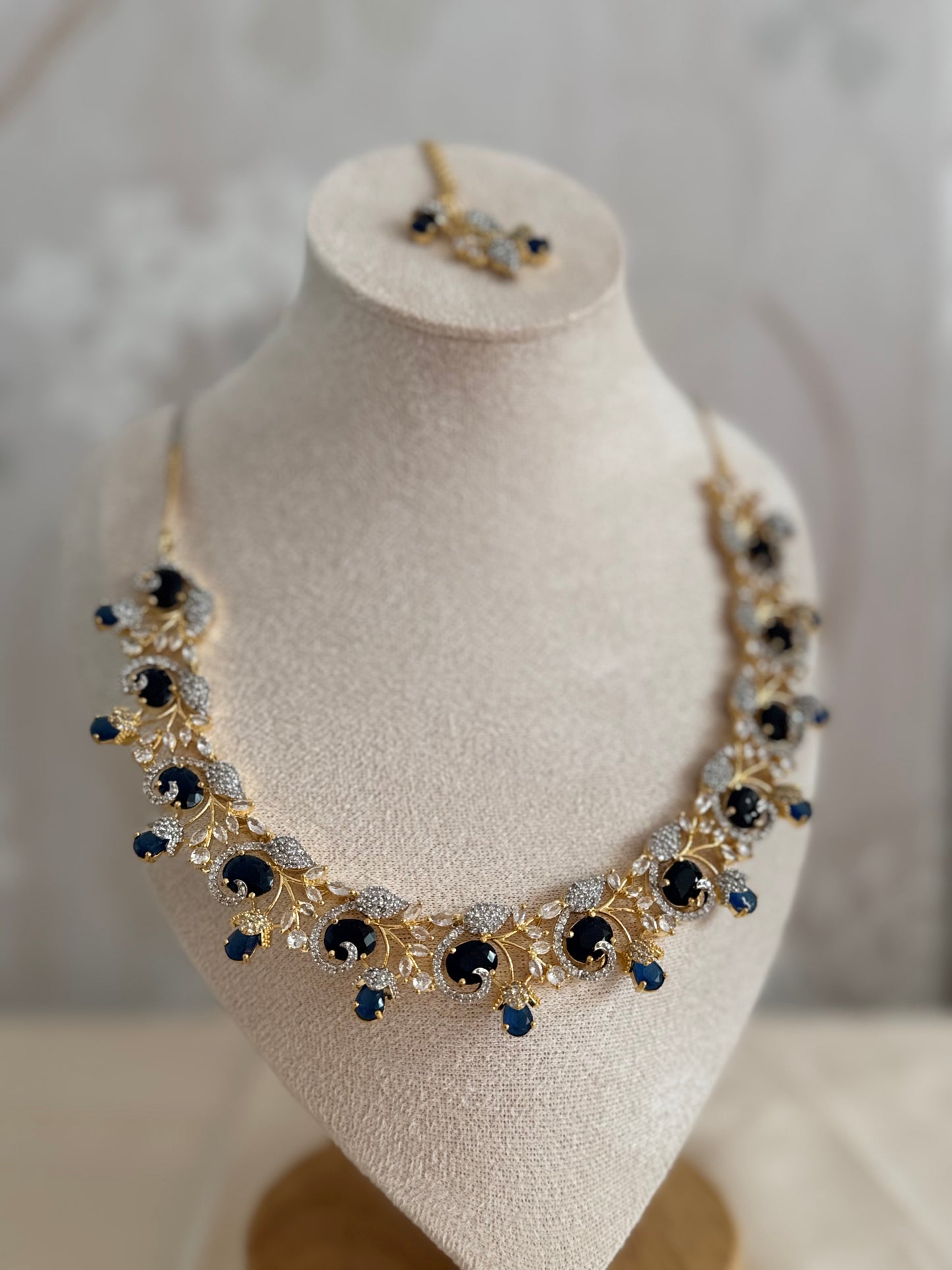 Elegant South Asian Necklace Set in Blue and Green with Cubic Zirconia | Traditional Ethnic Jewelry