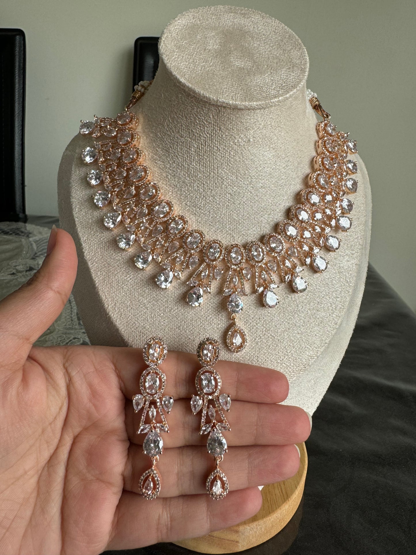 Rose Gold Engagement Necklace Set with American Diamonds | Elegant South Asian Ethnic Jewelry