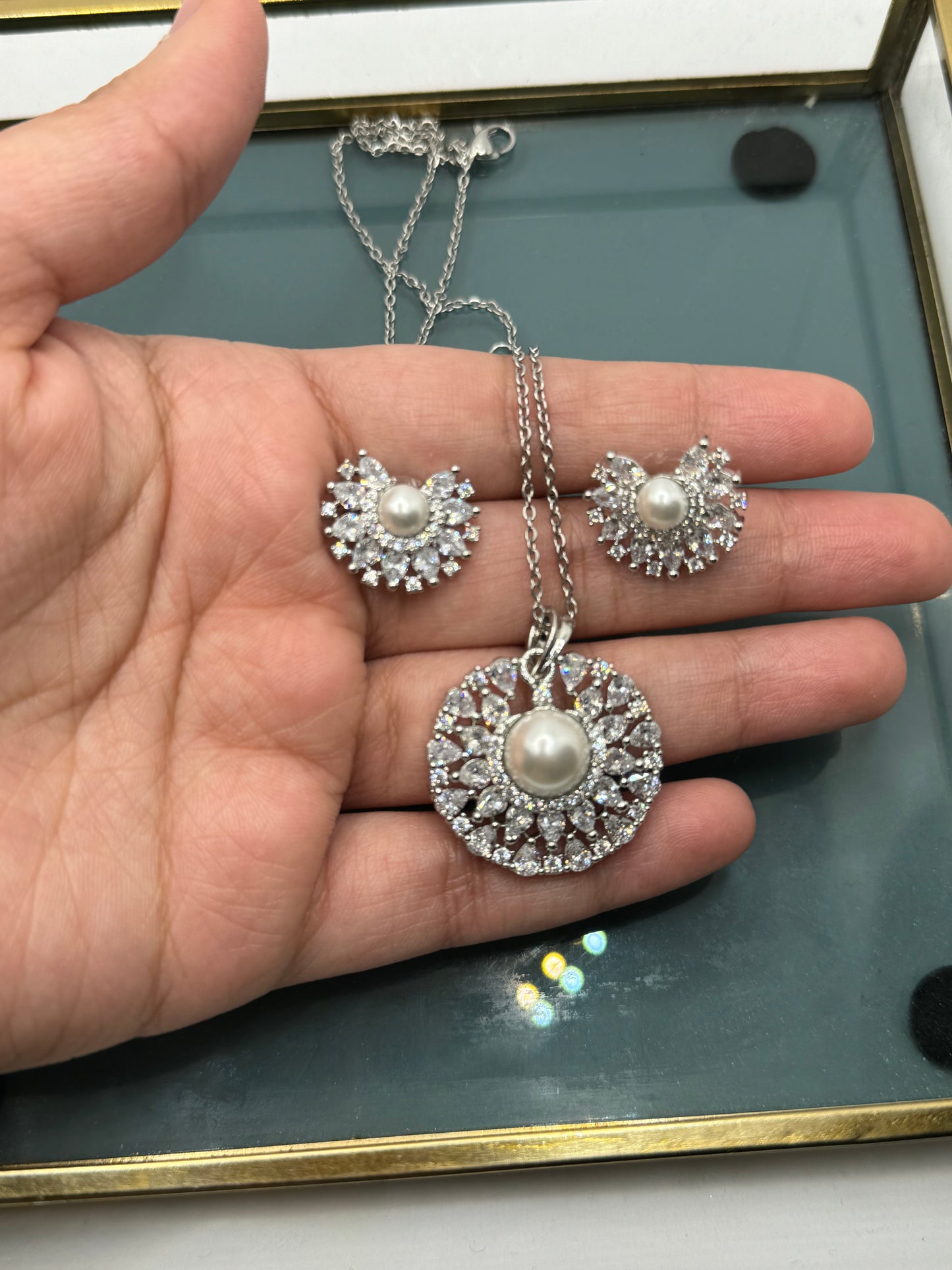 American Diamond Pearl Locket Set with complimentary chain