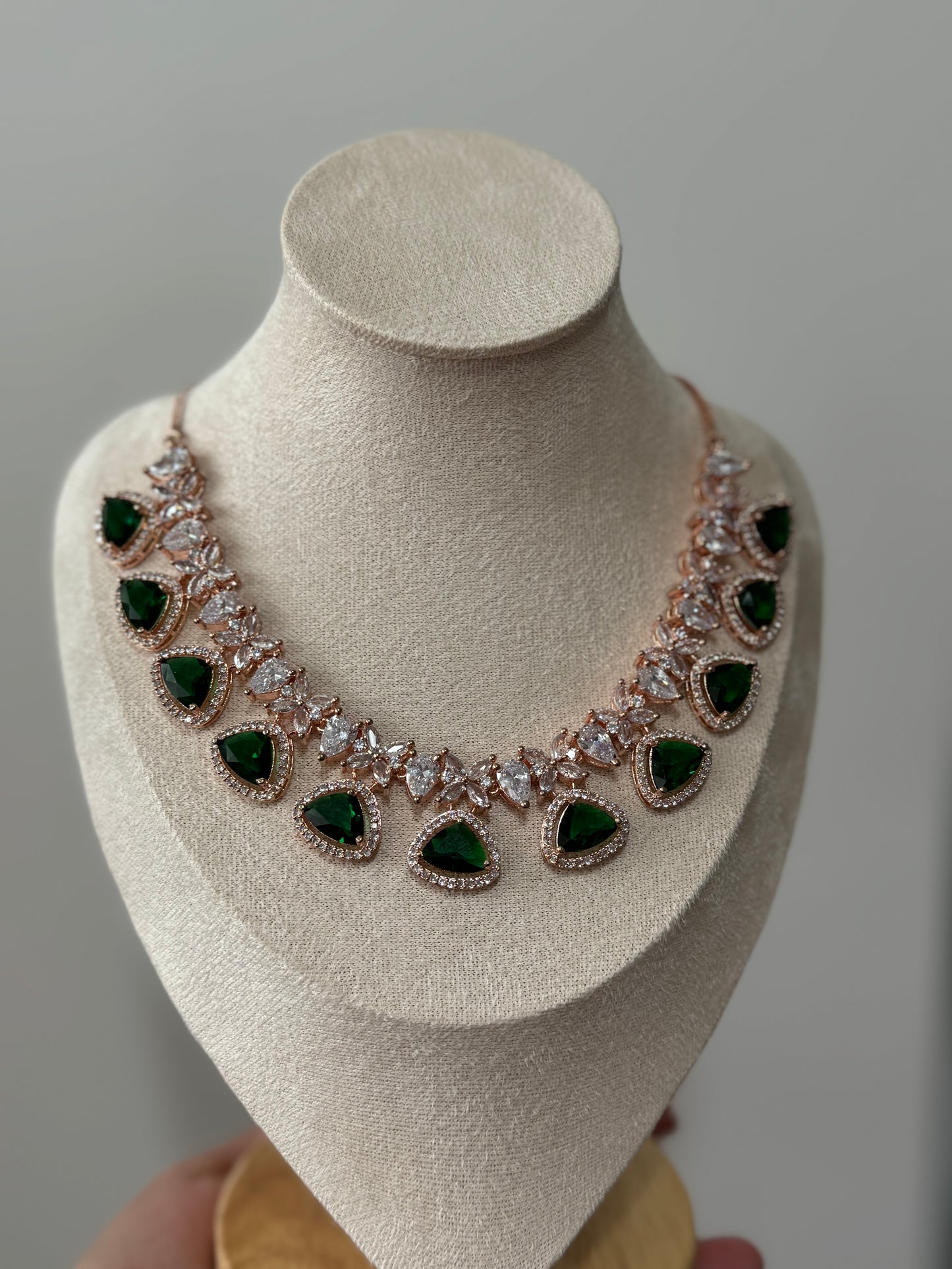 Rose Gold Plated American Diamond Jewelry Set with Red, Green, & Emerald Cubic Zirconia | Traditional South Asian Accessories