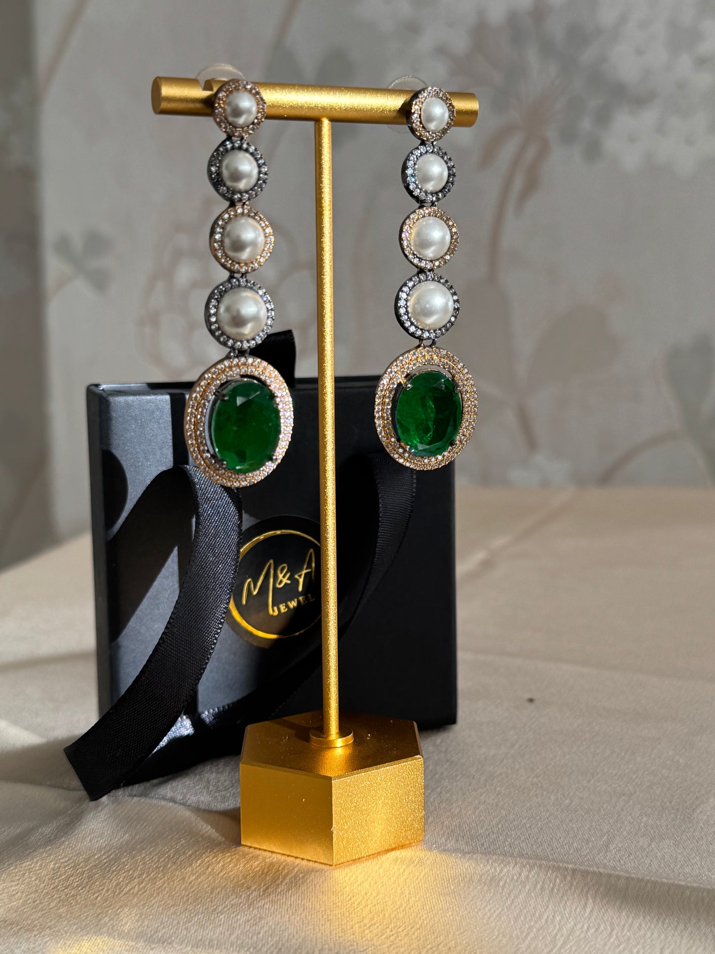 American Diamond and Pearl Earrings in Green