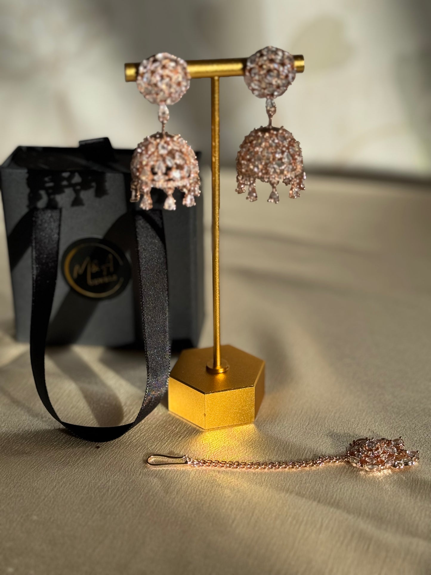 Indian Jhumka with tikka, American Diamond jhumka, gold plated cubic zirconia jhumka with tikka