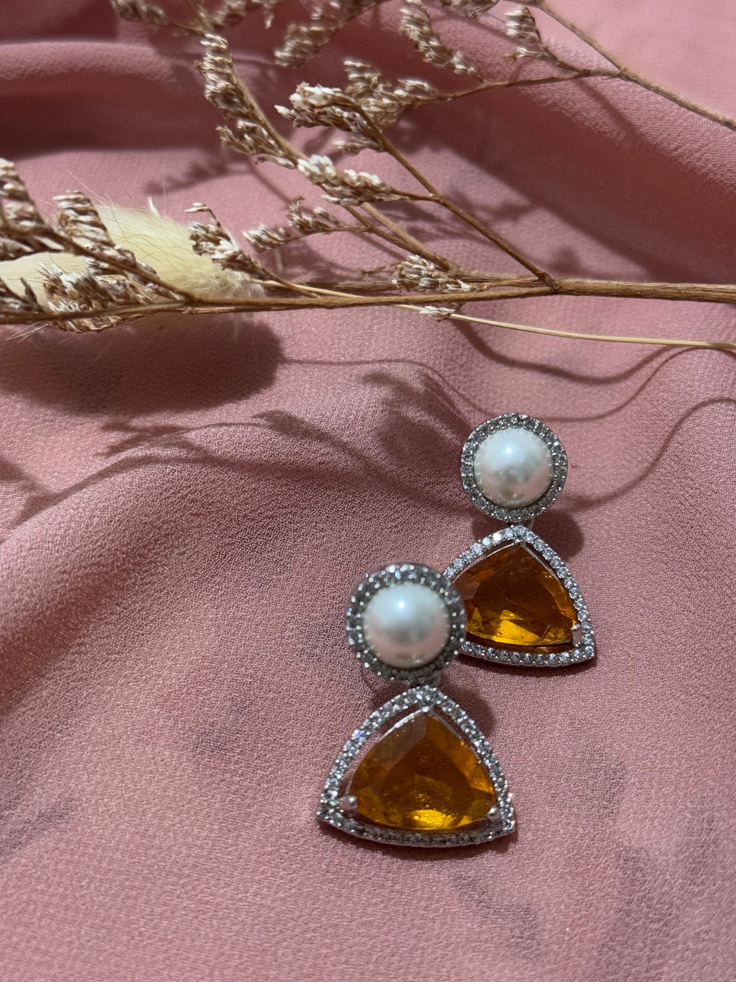 Pearl and Yellow Glass Stone American Diamond Studs