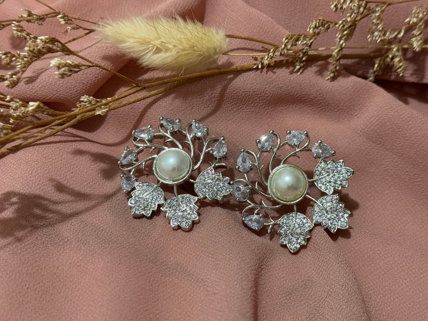 Pearl American Diamond Floral Studs