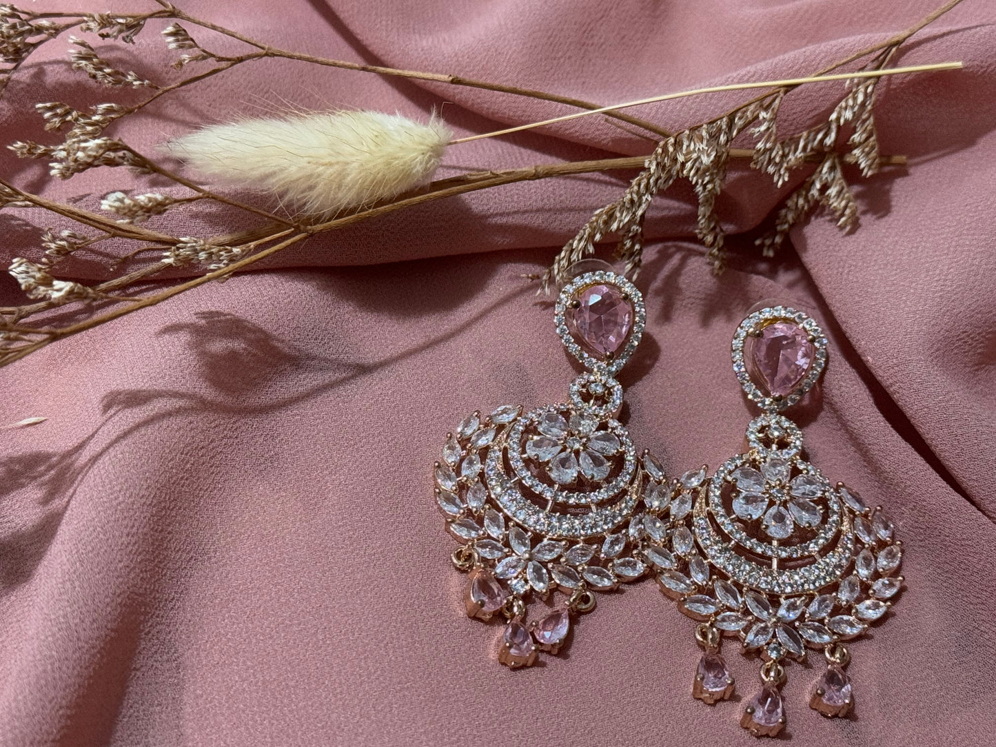 Rose gold polish and pink stones cubic zirconia earrings