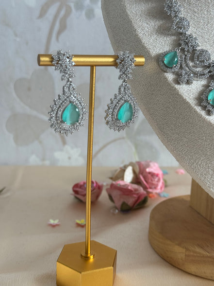 Engagement Indian Necklace Set with Cubic Zirconia stones | mint and silver