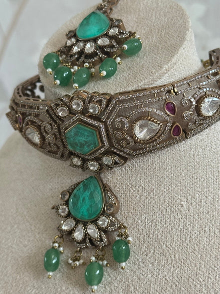Moissanite and Cubic Zirconia Premium Necklace set with matching tikka