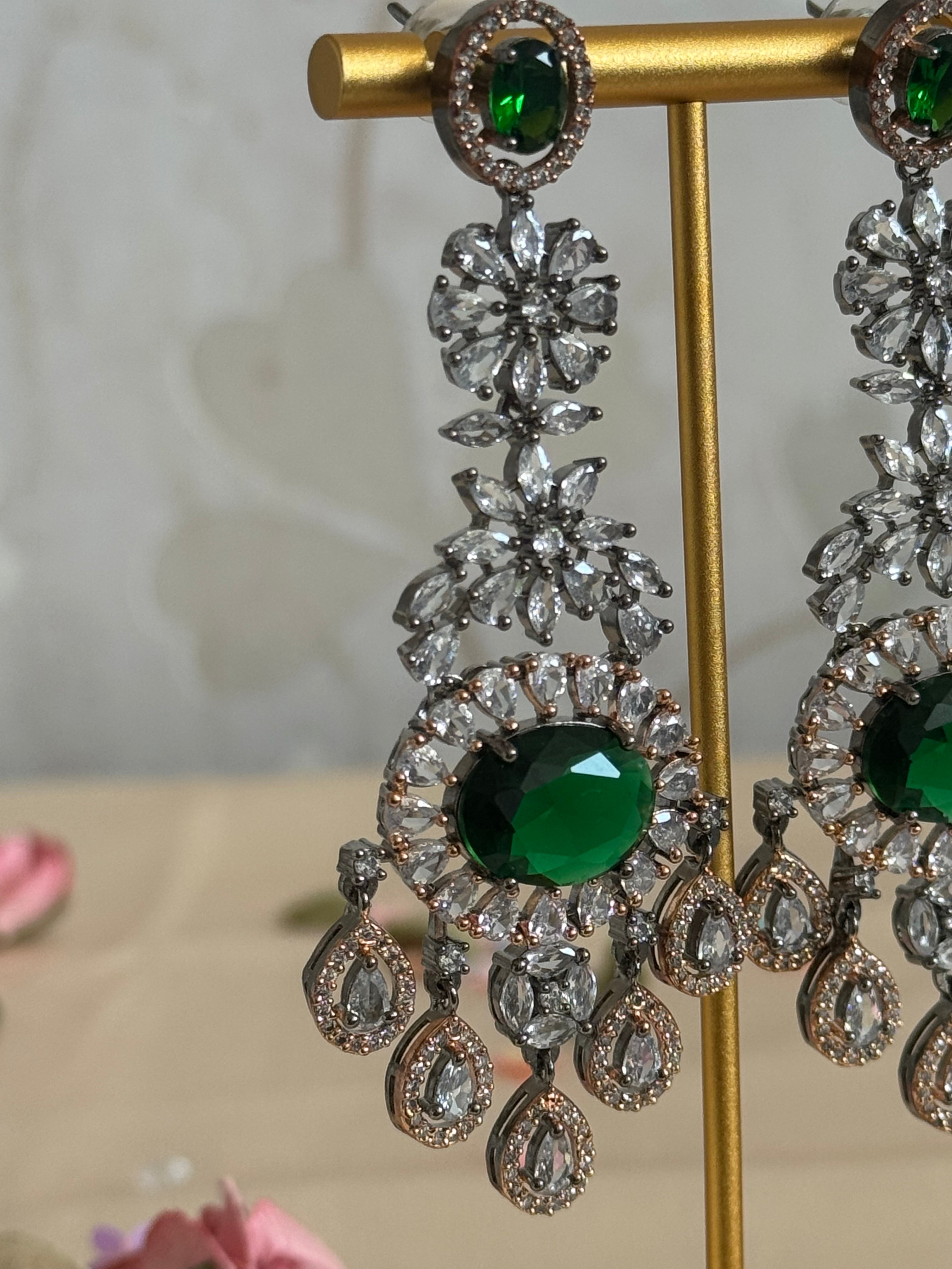 Cubic Zirconia Earrings | Emerald Green, oxidised polish