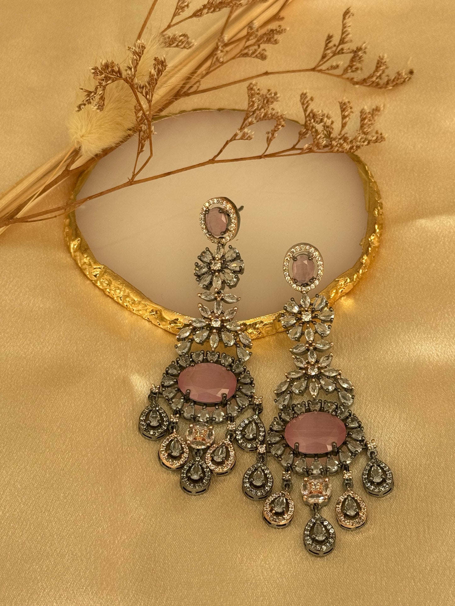 Pink victorian american diamond earrings, black polish