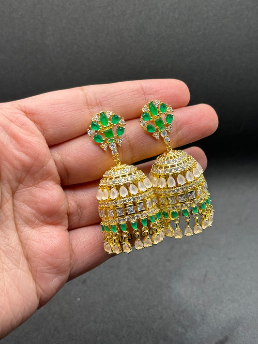 American Diamond Green and Gold indian style jhumka earrings, Cubic Zirconia Pakistani jhumka