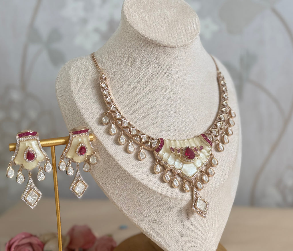 Mossainite Cubic Zirconia Necklace Set | Traditional South Asian Festive Necklace and earrings