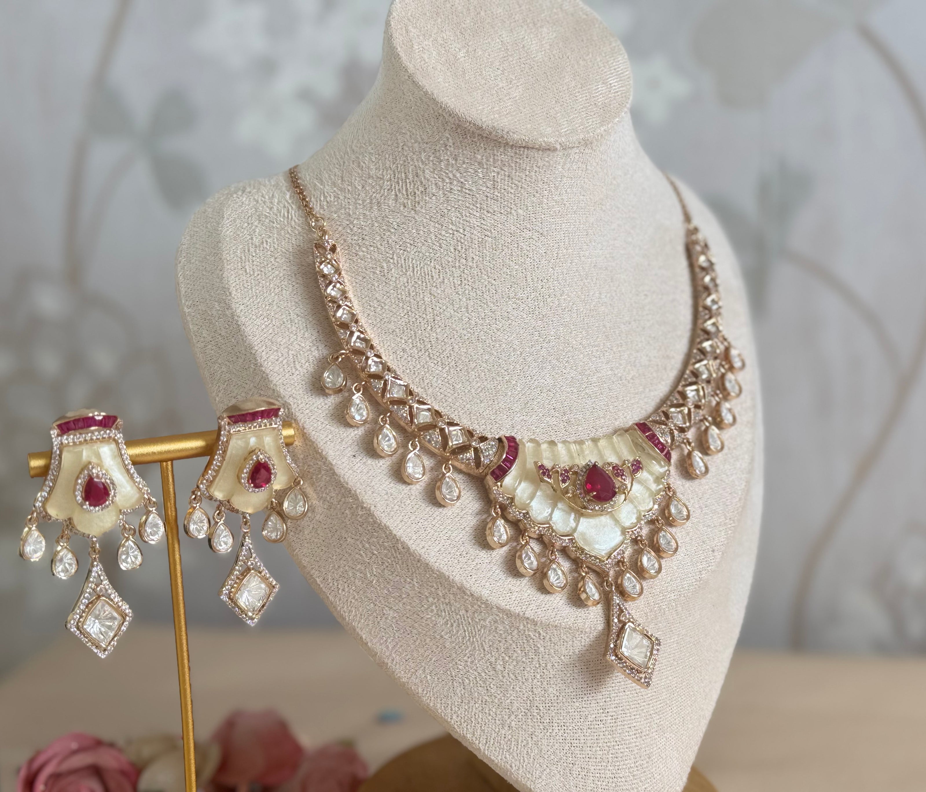 Mossainite Cubic Zirconia Necklace Set | Traditional South Asian Festive Necklace and earrings