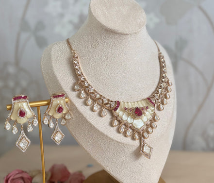 Mossainite Cubic Zirconia Necklace Set | Traditional South Asian Festive Necklace and earrings