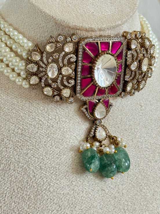 Moissanite and pearl choker set| Traditional indian choker set